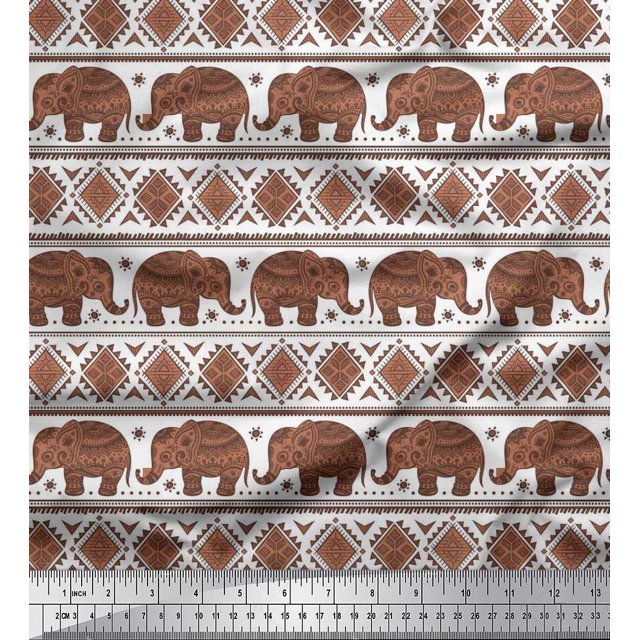 Soimoi polyester Crepe Fabric Aztec & Tribal Elephant Ethnic Print Fabric by the Yard 42 Inch Wide