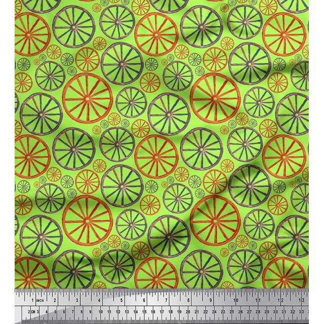 Soimoi Green polyester Crepe Fabric Wheel Ethnic Decor Fabric Printed Yard 42 Inch Wide