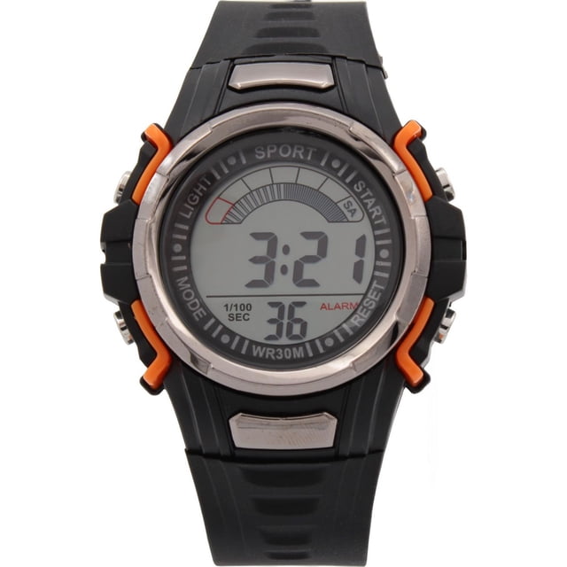 George Montre Numérique pour Homme, Vue Frontale avec Boîtier en Acier Inoxydable de 42 mm et Affichage Numérique, Bracelet en Caoutchouc Noir avec Boucle en Acier Inoxydable, Rétroéclairage Actif, date visible, Alarme et Fonctions de Chronomètre, Boîtier Arrière en Acier Inoxydable, Résistance à l'Eau de 30 Mètres, Convient à l'Exposition à la Lumière et à la Natation Décontractée.