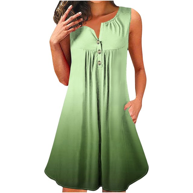 Dvkptbk Robe d'Été Décontractée pour Femme 2024 à Col Rond, Manches Courtes, à Blocs de Couleur, Robe de Plage Boutonnée, Ourlet Évasé, Fluide, Plissée, T-Shirt, Midi, Courte