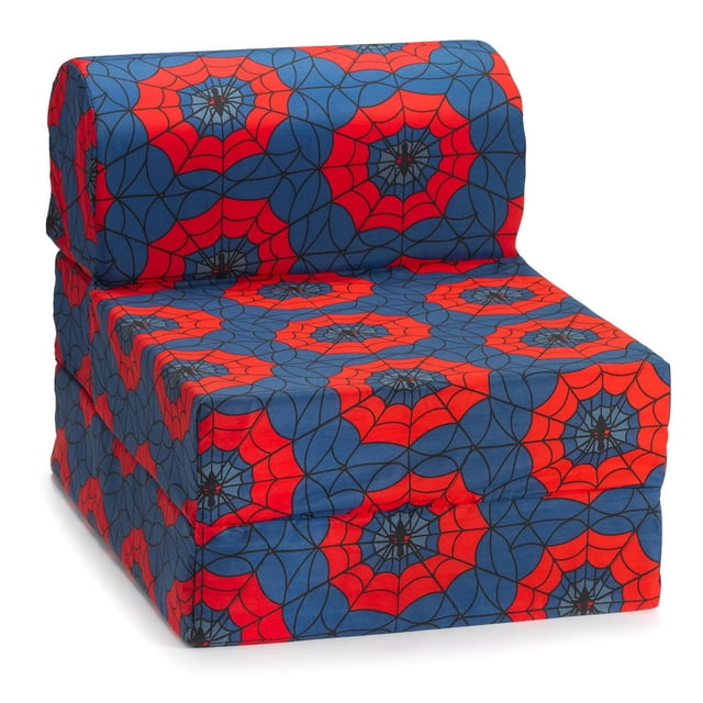 ComfyKids® 2-in-1 Flip Chair with blue and red spider web pattern and black spider details, shown as a cushioned chair with backrest and seat, designed for kids' living room seating and easily flips into a bed for naps or sleepovers.