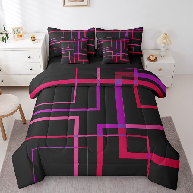Ensemble de Literie Carré Abstrait Format Simple 7 Pcs Noir et Rose Vif Rouge Ensemble de Couette Rectangle Minimalisme Ensembles de Couette Moderne Géométrique Lit en Sac pour Garçons Filles Accessoires de Literie Esthétiques