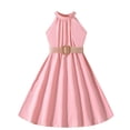 thumbnail image 1 of biudgviw Robe d'Été pour Filles Sans Manches à Col Licou, Épaules Dénudées, Ceinturée, Robe Trapèze Midi Décontractée, Robe Soleil 6-13 Ans, 1 of 3