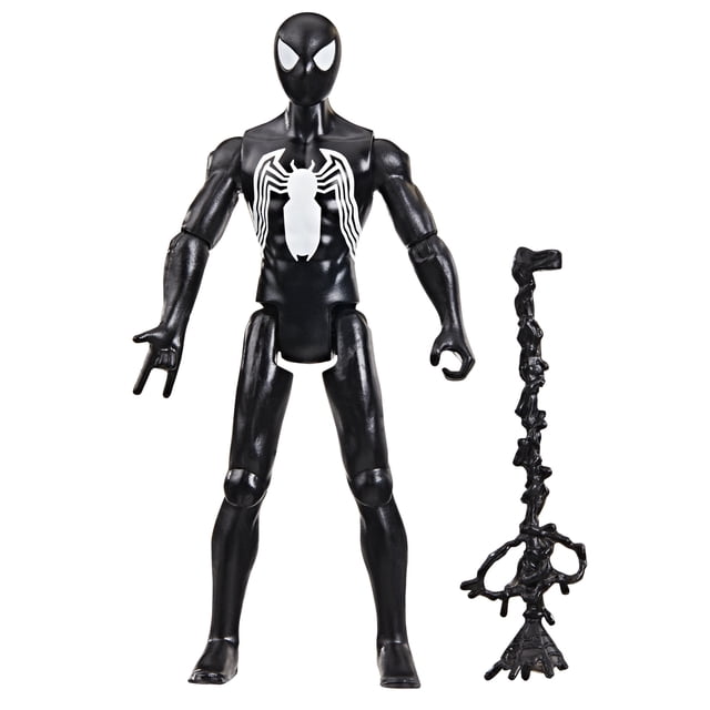 Marvel Spider-Man Epic Hero Series Symbiote Suit Spider-Man 4 Inch Action Figure in black symbiote suit with white spider emblem on chest, featuring 9 points of articulation and a black symbiote web accessory, suitable for imaginative superhero play and collection.