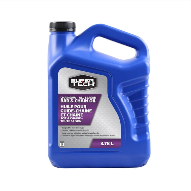 Super Tech All Season Bar & Chain Oil in a blue 3.78 L plastic jug with black screw cap, designed for year-round chainsaw bar and chain lubrication, containing tackifier to reduce sling-off and perform in low and high temperatures.