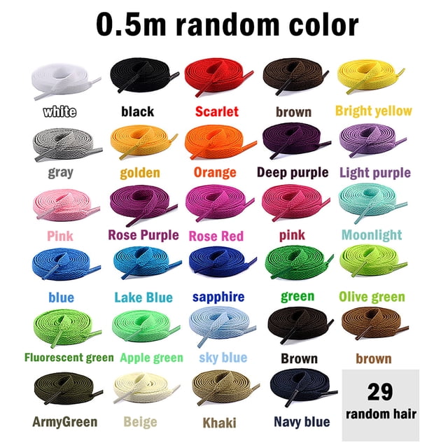 Lacets Plats pour Chaussures, Lacets de Course, Patins, Lacets de Rechange, Cordon de Lacets en Polyester, Lacets Plats en une Variété de Couleurs, Incluant Noir, Blanc, Gris, Brun et Plus. Fabriqués à Partir de Fibre de Polyester durable, Ces Lacets Plats Sont Offerts en Longueurs de 0,5 m, 0,8 m, 1 m et 1,2 M. Convenant aux Chaussures de Course, Bottes, Patins et Autres Chaussures, Ils Sont Pratiques, Élastiques et Réutilisables. l'Image Montre Plusieurs options de Couleur Affichées dans des Agencements en Spirale, Étiquetés avec Leurs Noms Respectifs.