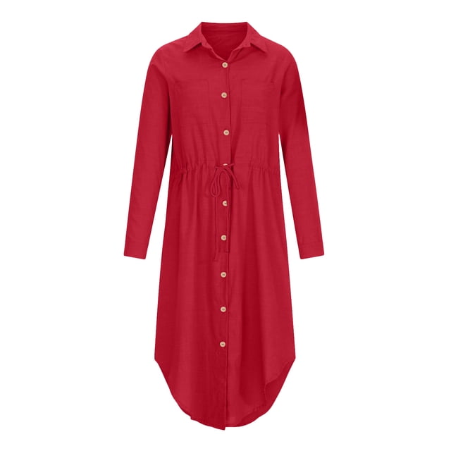 Pisexur Womens Summer Dresses Cotton Linen Button Down Short Sleeve Shirt Dress Drawstring V Neck Solid Color Formal Dress Casual Tummy Control Flowy Sundress Plus Size S-5XL