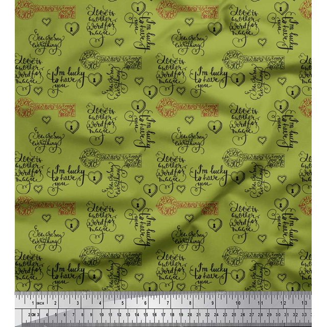 Soimoi Green Rayon Crepe Fabric Positive Quotes & Heart Text Fabric Prints By Yard 46 Inch Wide
