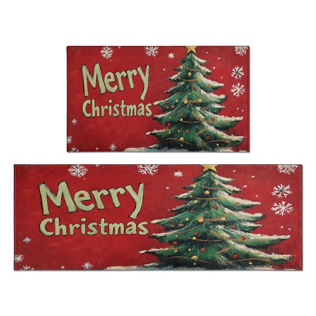 Ensemble de 2 Tapis de Cuisine de Noël Antifatigue pour le Plancher, Tapis et Carpettes de Cuisine Rouges de Noël d'Hiver Rustiques avec Arbre pour Salle de Bain, Pièce Style Ferme (47x17+30x17 Po)