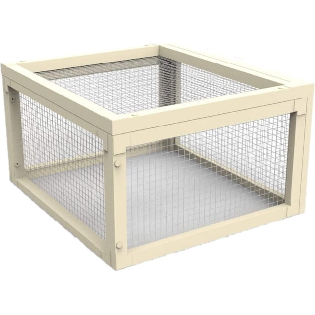 New Age EcoFlex Sonoran Tortoise Pen with beige ECOFLEX® composite frame and NeveRust™ stainless steel mesh panels on all sides and top, measuring 21.5" L x 24.1" W x 13.3" H exterior, moisture-resistant, non-toxic, and easy to clean, ideal for small animal habitats and providing extra space for tortoises.