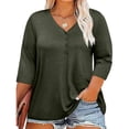 thumbnail image 2 of Plebaso Womens Plus Size Tops 3/4 Sleeve V Neck Casual T Shirts Loose Solid Color Button down Blouses Tees, 2 of 7