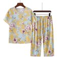 thumbnail image 2 of Tnhcen Ensemble de Pyjama d'Été pour Femmes en Lin 2 Pcs / Haut à Manches Courtes Boutonné Col Rond Imprimé Rétro + Pantalon Taille Élastique / TG-4TG, 2 of 3