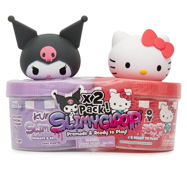 Hello Kitty SLIMYGLOOP 2-Pack with Kuromi and Hello Kitty molded toppers on two 8-ounce jars of pre-made, scented glitter slime in purple and red lids, featuring cake and cotton candy scents, plus included beads and rubber charms for enhanced sensory play and collectible fun.