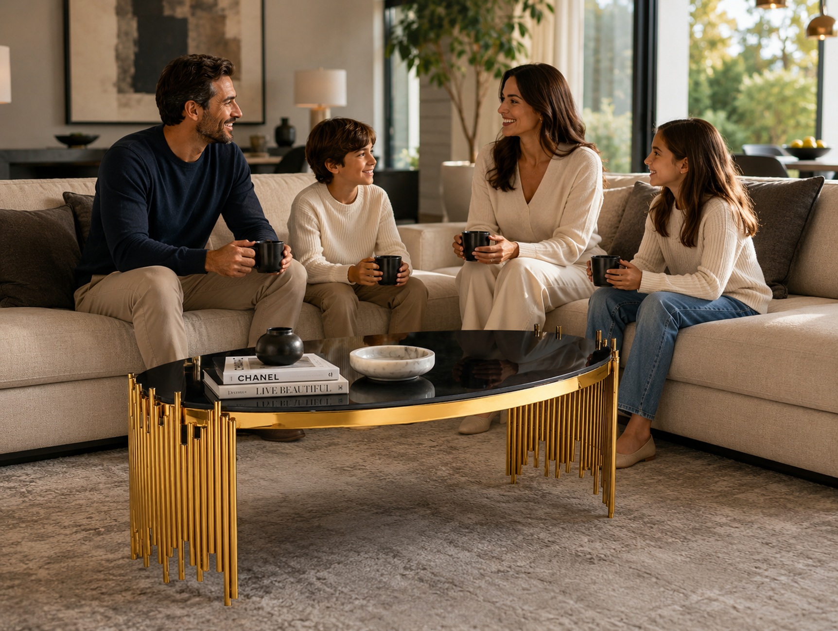 Table basse K-Living Venus avec plateau en verre noir et base en acier inoxydable poli doré
