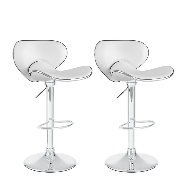 CorLiving Marcus set of 2 curved form fitting faux leather upholstered adjustable height indoor barstools in white with chrome metal bases and built-in footrests, featuring 360-degree swivel seats and gas lift height adjustment, ideal for kitchen islands or breakfast bars and suitable for casual dining or social seating.