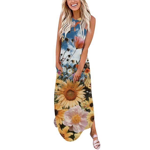 Longue Robe d'Été Robe Décontractée Design d'Été pour Femmes Robe Longue Sans Manches à Col Suspendu Col en V Robes Petites en Liquidation