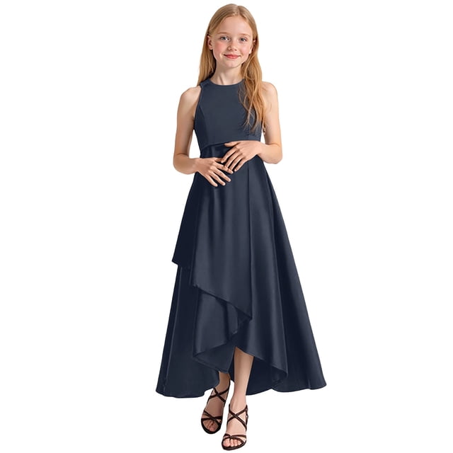 Robe Fille Robes Formelles Robe de Soirée Récital Performance Concours Élégant Sans Manches Robes Filles Marine 11 Ans-12 Ans
