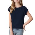 thumbnail image 1 of LLYWEY Girls Ribbed Sweaters , Casual Loose Cap Sleeve Round Neck Pullover Tops Fall Shirts, Navy, L, 1 of 3