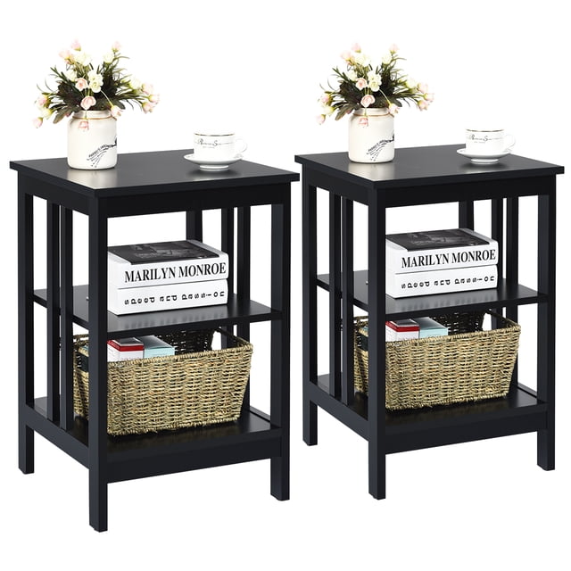 Patiojoy 2PCS 3-tier Side Table Nightstand Sofa End Table Storage Display Shelf Black