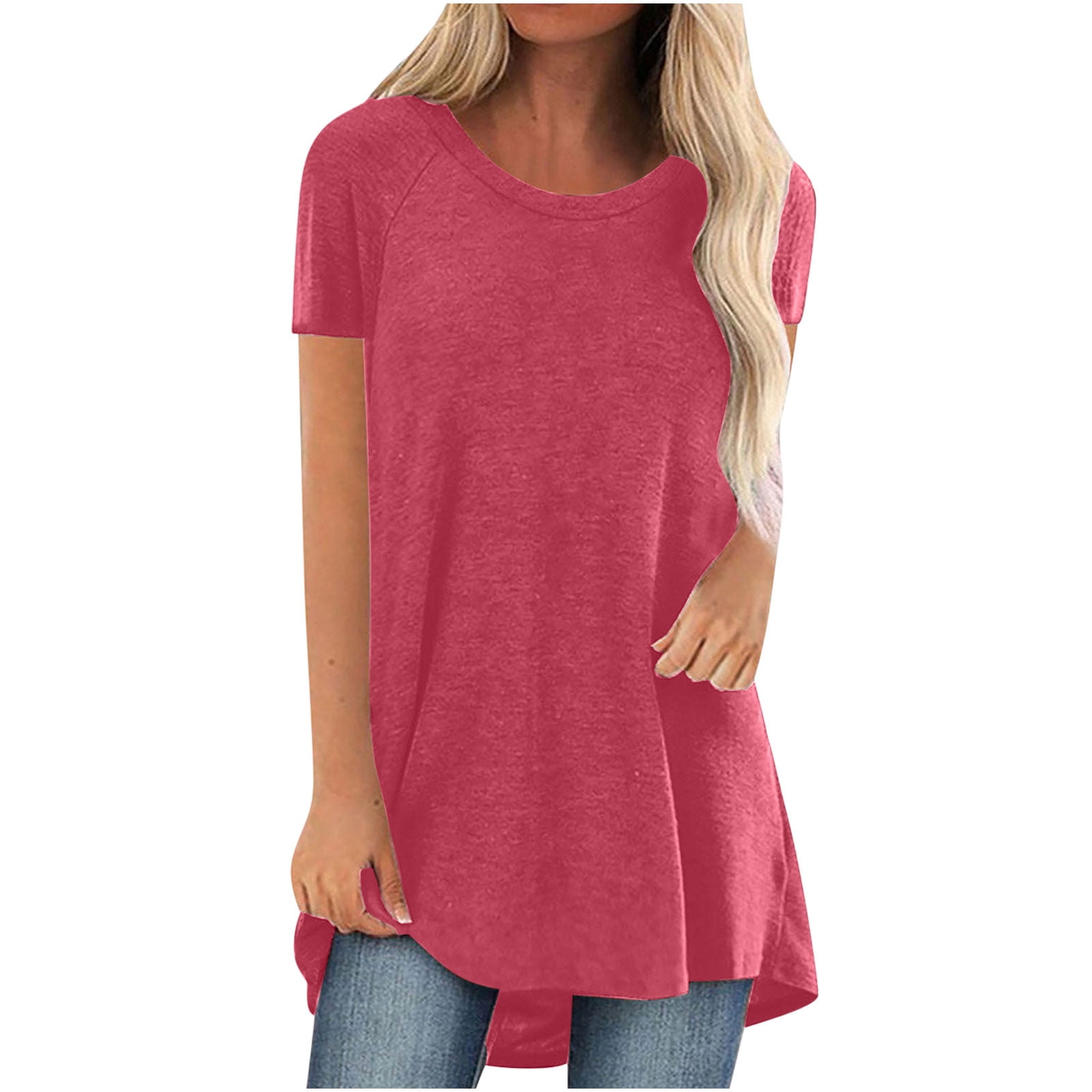 Womens Summer Solid Round Neck Loose Short Sleeve Tops T-shirt Blouse
