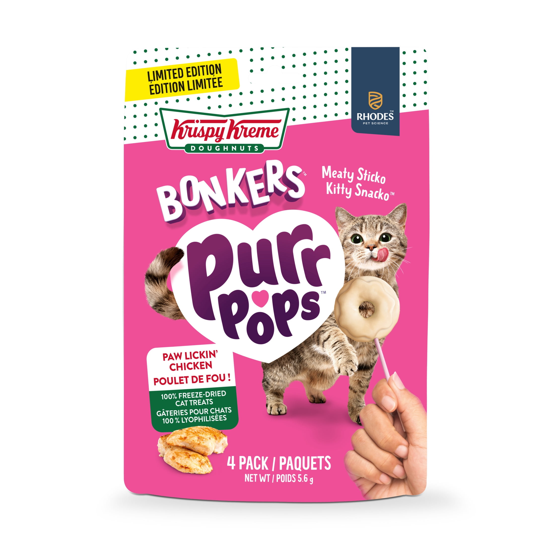 BONKERS Purrpops Krispy Kreme Édition Limitée Gâteries pour Chats en Sucette Lyophilisées à Saveur de Poulet Lot de 4