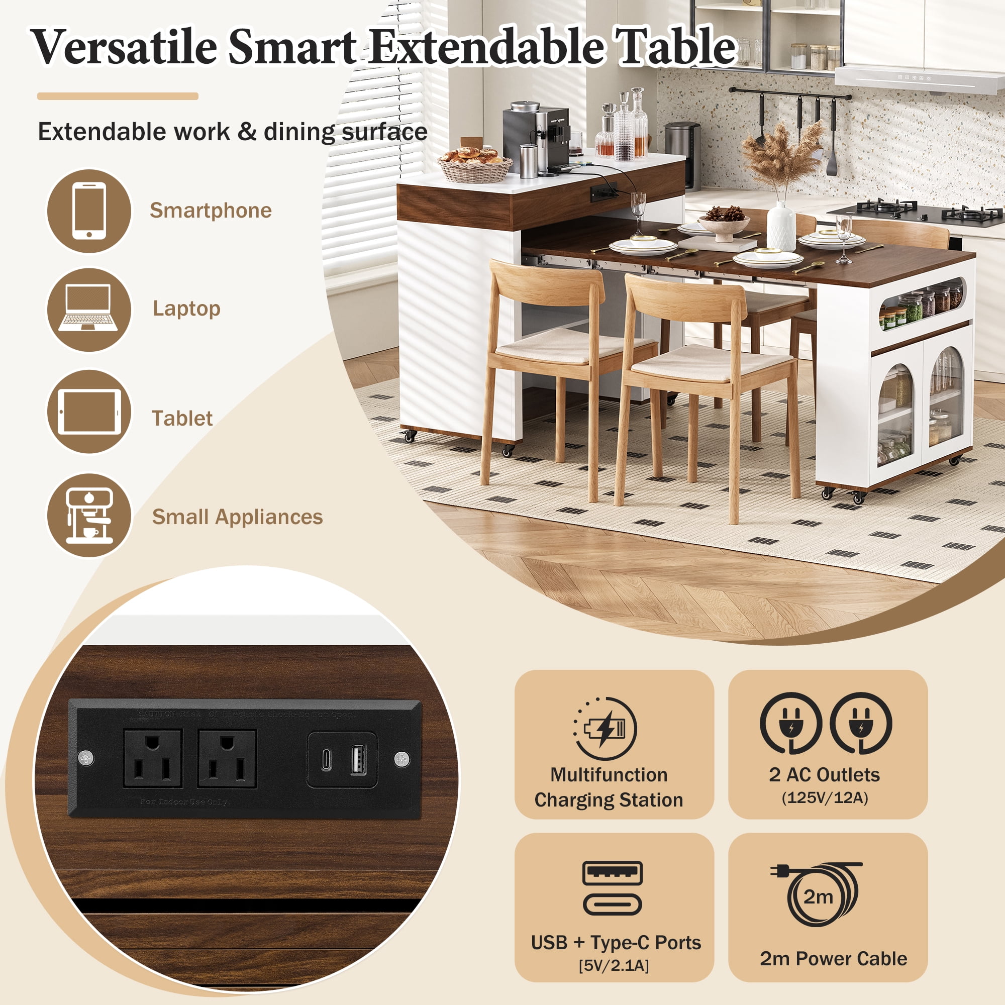 Table de salle à manger extensible Noble House TREXM avec plateau rabattable extra-long, îlot de cuisine roulant avec tiroirs (Noyer + Blanc crème)
