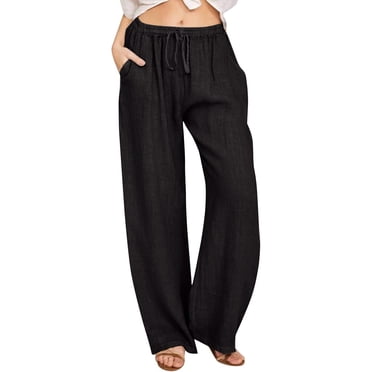 LMKIHUSA Pantalon en Lin pour Femme Décontracté Ample Taille Haute Été 2025 Pantalon Jambe Grand avec Poches Pantalon Noir,P