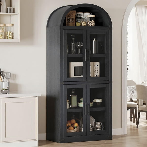 Bingirl Wood Arched Bookcase with Glass Doors 5 Tier Storage Cabinet with Open Display Shelf Display Bookshelf for Living Room and Dining Room Black
