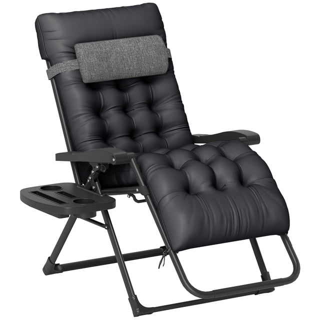 Outsunny Zero Gravity Chair Rembourré, Fauteuil Inclinable Pliant Noir au design Ergonomique Courbé. Doté d'Un Coussin Rembourré, d'Un Dossier Réglable et d'Un Appui-Tête Amovible pour un Confort optimal. Comprend un Plateau Porte-Gobelet pour Boissons, magazines Ou Téléphones. Fabriqué avec un Cadre en Acier et un Tissu en Maille Respirant, Supporte jusqu'à 264 Lb. Pliable pour un Rangement et un transport Faciles, Convient aux patios Extérieurs, aux Terrains de Camping Ou à la Sieste Intérieure.