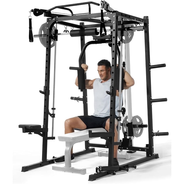 Memoryfield Gym à Domicile Smith Machine avec LAT Pulldown et Station de Poitrine, Cage Motorisée Capacité 2000 Lb, Support de Squat Multifonction, Noir