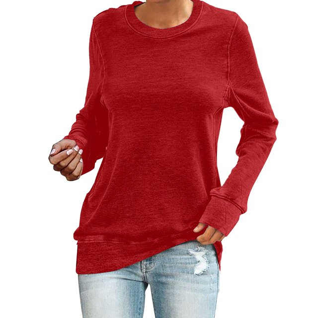 Pxiakgy T-Shirts pour Femmes T-Shirts pour Femmes Chandail en Molleton Décontracté à Col Rond Manches Courtes Longues Chemise Douce Ample Rouge + m