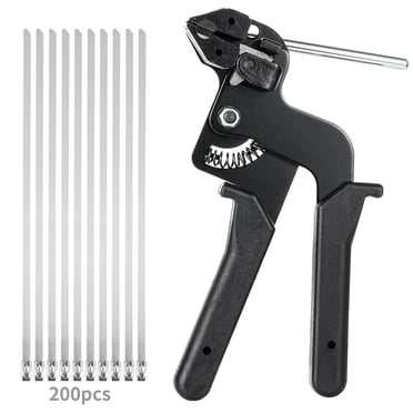 Cable Tie Gun Tool Kit, Metal Cable Zip Ties Tensioning and Cutting Tool with 200pcs Zip Ties