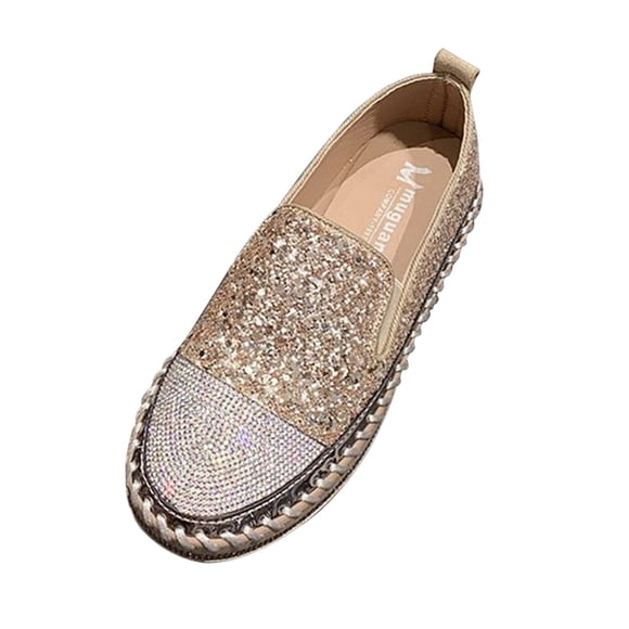 hopeusnice Clearance Women's Rhinestone Slip On Sneakers Diamond Glitter Loafers Comfortable Flat Shoes Breathable Lightweight Walking Shoes Gold 42