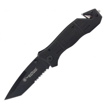 Smith & Wesson By Bti Tools Lame Noire, Poignée en Alun Enduite de Caoutchouc, Bxd