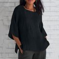thumbnail image 2 of Liquidation d'Économies! Hauts pour Femmes Grande Taille, Chemise d'Été pour Femmes à la Mode Plissée à Manches 3/4 Col Rond Imitation Coton et Lin Chemise Ample Blouse, 2 of 5
