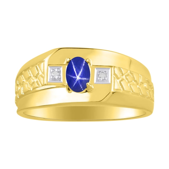 RYLOS Men's Rings 14K Yellow Gold Classic Nugget 6X4MM Oval Gemstone & Diamond Ring Blue Star Sapphire September Birthstone Rings Size 9