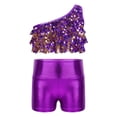 thumbnail image 2 of Oyolan Big Girls Gymnastic Workout Set 2PCS Crop Tops with Shorts 4-16 Years Sequins Dance Outfit Purple 6, 2 of 7