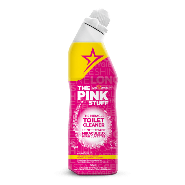 Stardrops The Pink Stuff Miracle Toilet Cleaner Gel 750ml bottle with angled white cap, pink and yellow label featuring star logo, thick gel that clings to toilet surfaces, removes stains and limescale, and creates sparkling foam for hygienic cleaning.