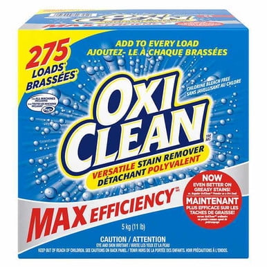 OxiClean Poudre Détachante Polyvalente, Boîte de 5 kg avec Marque Audacieuse et Texte Mettant en Valeur Sa Formule Sans Chlore et Sa Compatibilité avec Toutes les machines à Laver, Y Compris HE. l'Emballage Met l'Accent sur Sa Capacité à Traiter jusqu'à 275 Brassées et Présente un Texte Bilingue en Anglais et en Français. Convient pour Enlever les Taches Tenaces sur la Lessive et les surfaces Ménagères.