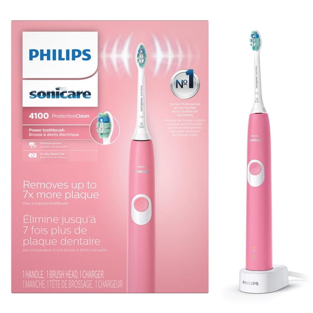 Philips Sonicare ProtectiveClean 4100 rechargeable electric toothbrush in pink with a white power button, brush head, and charger, shown with packaging highlighting up to 7 times more plaque removal and a pressure sensor for gentle oral care and plaque control.