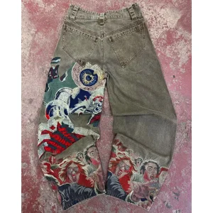 Y2k Vintage Harajuku Oversized Graphic Embroidered Baggy Jeans for Mens and Womens Hip Hop Rock Casual Streetwear Wide Leg Jeans