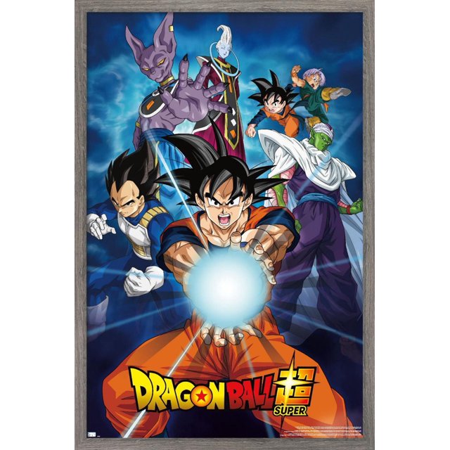 Dragon Ball Super - Groups Wall Poster, 22.375" x 34" Framed featuring anime characters Goku in orange gi performing an energy blast, Vegeta in blue armor, Piccolo in white cape, Trunks in green outfit, Beerus with purple skin, and Whis in red robes, set against a blue cosmic background with the Dragon Ball Super logo at the bottom, suitable for decorating bedrooms, offices, or fan spaces.
