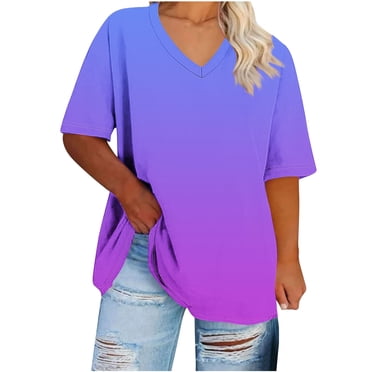 Staron Summer T-Shirts for Women Plus Size Oversized V-Neck Short Sleeve Casual Ombre Loose Basic Tee Top, Purple XL