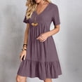 thumbnail image 2 of LOVZFMLL Robe d'Été pour Femme Décontractée Évasée à Manches Courtes, Col en V, à Étages, Ligne A, Fluide, Robe de Plage à Volants, Longueur Genou, Robe Soleil, Violet, TTG, 2 of 9