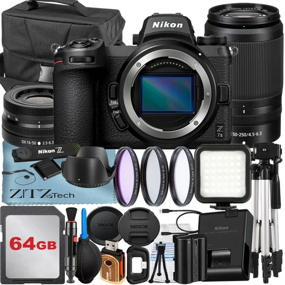 Nikon Z7 II Mirrorless Camera with NIKKOR 16-50mm + DX 50-250mm Zoom Lens + 64GB Card + Case + 3 Pieces Filter + Flash + ZeeTech Accessory Bundle