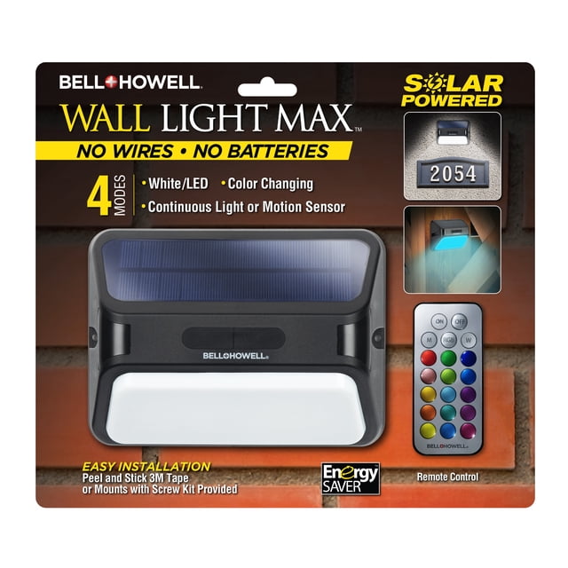 Bell + Howell Bionic Wall Light Max Outdoor Solar Powered, Motion Sensor Waterproof LED with Remote. The packaging highlights the solar-powered wall light with a high-intensity COB LED array and integrated solar panel. It features four lighting modes, including motion sensor and color-changing options, controlled via the included remote. The light is weather-resistant, suitable for outdoor use, and easy to install with adhesive tape or screws. Displayed against a brick wall, the packaging emphasizes its eco-friendly, maintenance-free design.