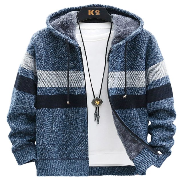 Men’s Full Zip Hoodies Long Sleeve Striped Print Knit Cardigan Sweater