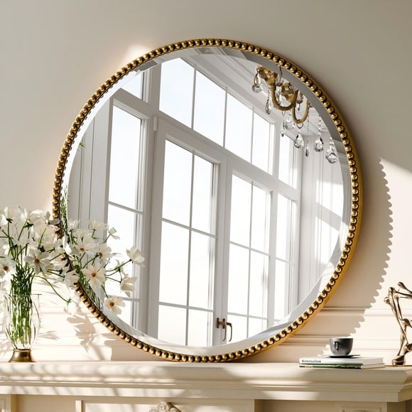 BEAUTYPEAK Miroir Rond de Salle de Bain 24 Pouces Miroir de Meuble-Lavabo Mural avec Cadre Perlé, Or