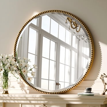 BEAUTYPEAK 24" Round Bathroom Mirror Vanity Mirror Wall Mounted With Beaded Frame,Gold