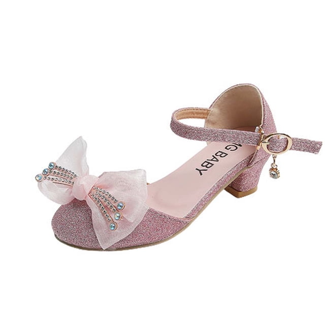 Girls Heels Princess Shoes Rhinestone Lace Bowknot Sparkling Closed Toe Heels Ankle Strap Pendant Dance Wedding Party Spring Summer Dress Pump Shoes Pink